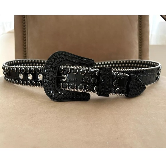 Industrial Indigo Black Rhinestone Studded Belt Unisex MWT Size 42 (Size XL) - Picture 9 of 12